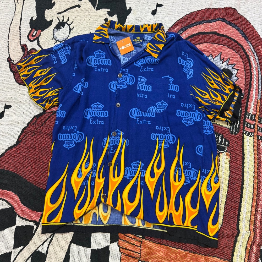 Corona Extra Flame Print Button Up Shirt Mens XL Blue Yellow Beer Logo New
